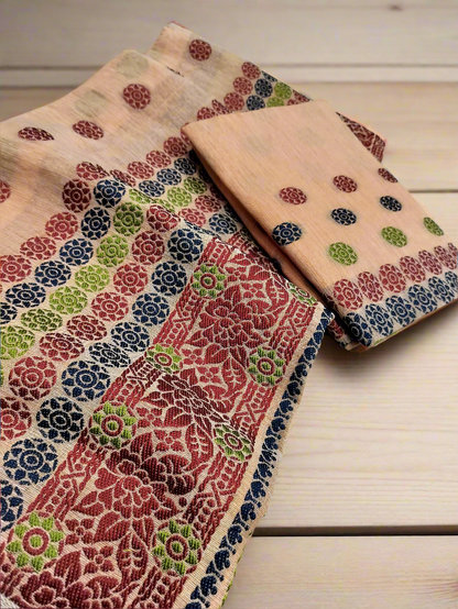 DESIGNER GORGEOUS COTTON BUWA MEKHELA CHADOR DESIGNER EMBROIDERY SET, PEACH