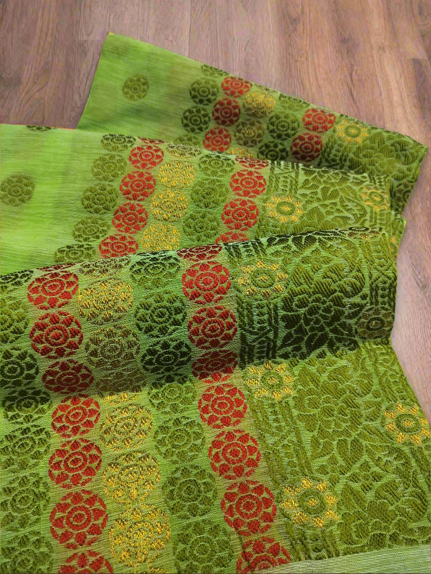 DESIGNER GORGEOUS COTTON BUWA MEKHELA CHADOR DESIGNER EMBROIDERY SET, GREEN
