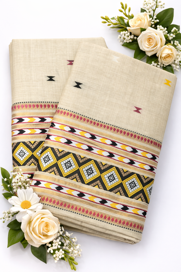 Mekhela Chador Set, Masline Cotton Fabric| Elegant Handwoven Design | Black