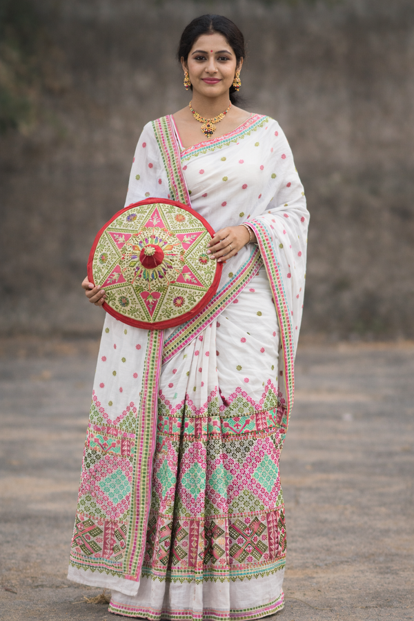 Mulicoloured Buwa Fixed Pari Designer 100% Premium Cotton- Pink