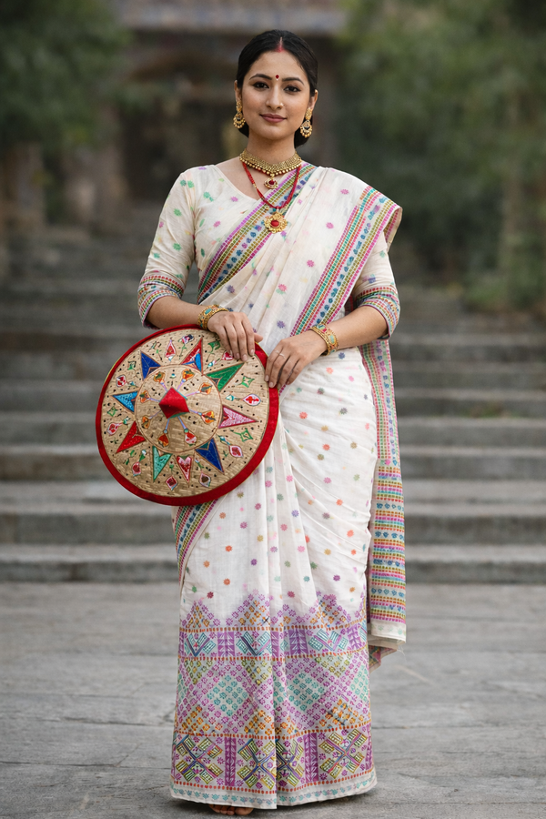 Mulicoloured Buwa Fixed Pari Designer 100% Premium Cotton- Purple