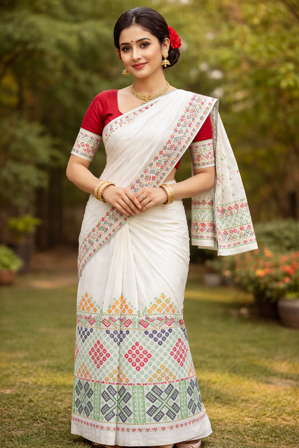 Mulicoloured Buwa Fixed Pari Designer 100% Premium Cotton- Solid Green