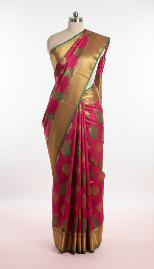 Nine-yard saree with antique gold accents