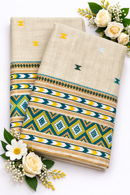 Mekhela Chador Set, Masline Cotton Fabric| Elegant Handwoven Design | Green