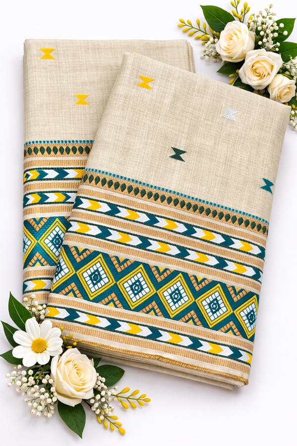 Mekhela Chador Set, Masline Cotton Fabric| Elegant Handwoven Design | Green