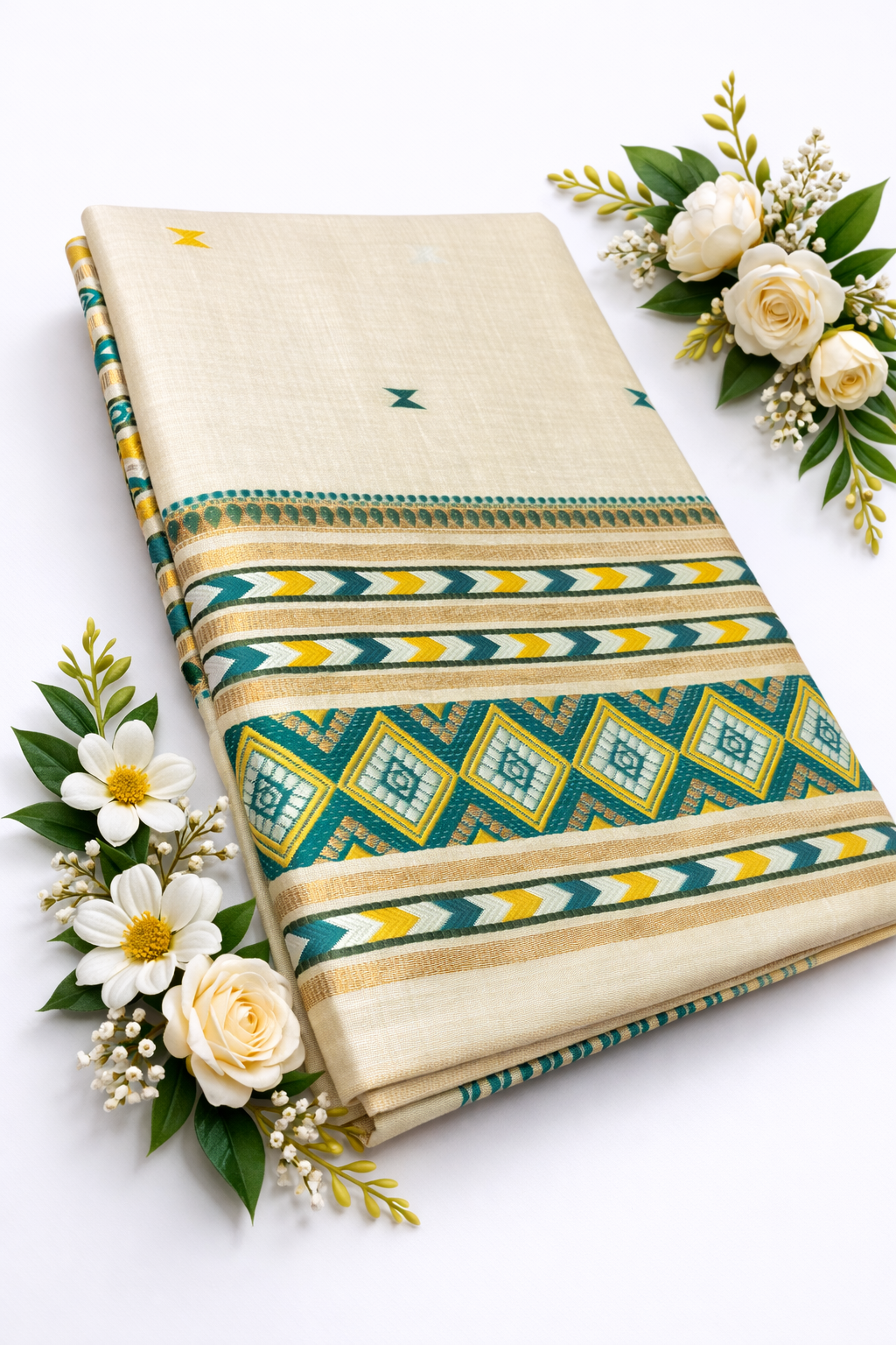 Mekhela Chador Set, Masline Cotton Fabric| Elegant Handwoven Design | Green