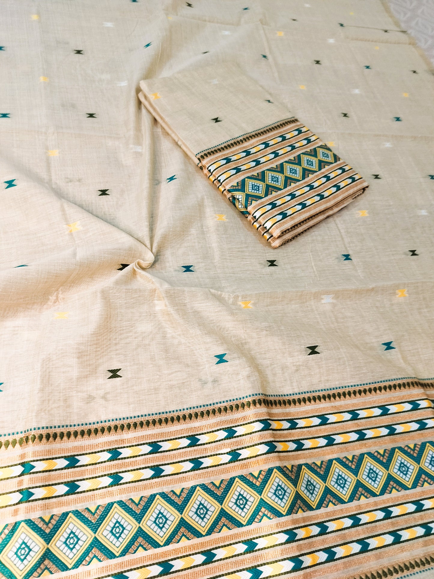Mekhela Chador Set, Masline Cotton Fabric| Elegant Handwoven Design | Green
