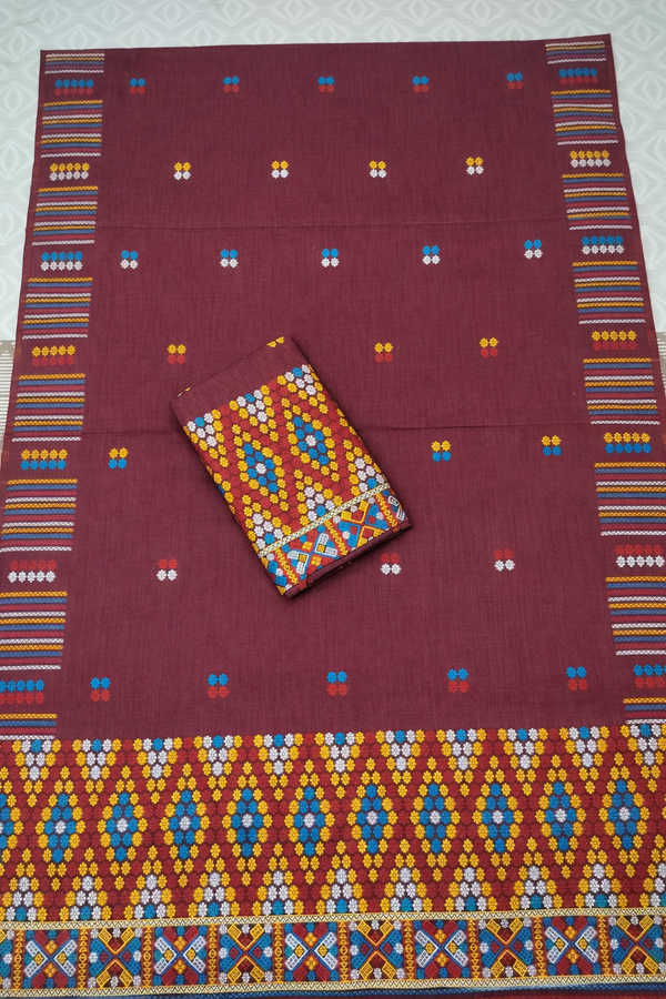 Mekhela Chador Set,Fixed Pari | Elegant Missing Design | BROWN