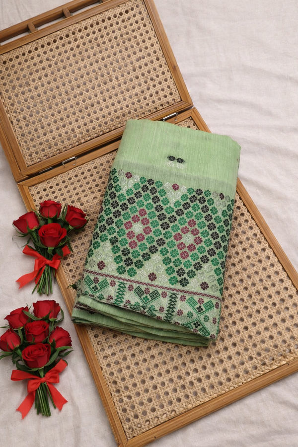 Missing Mekhela Chador Set, Masline Cotton Fabric, Fixed Pari | Elegant Handwoven Design | Green