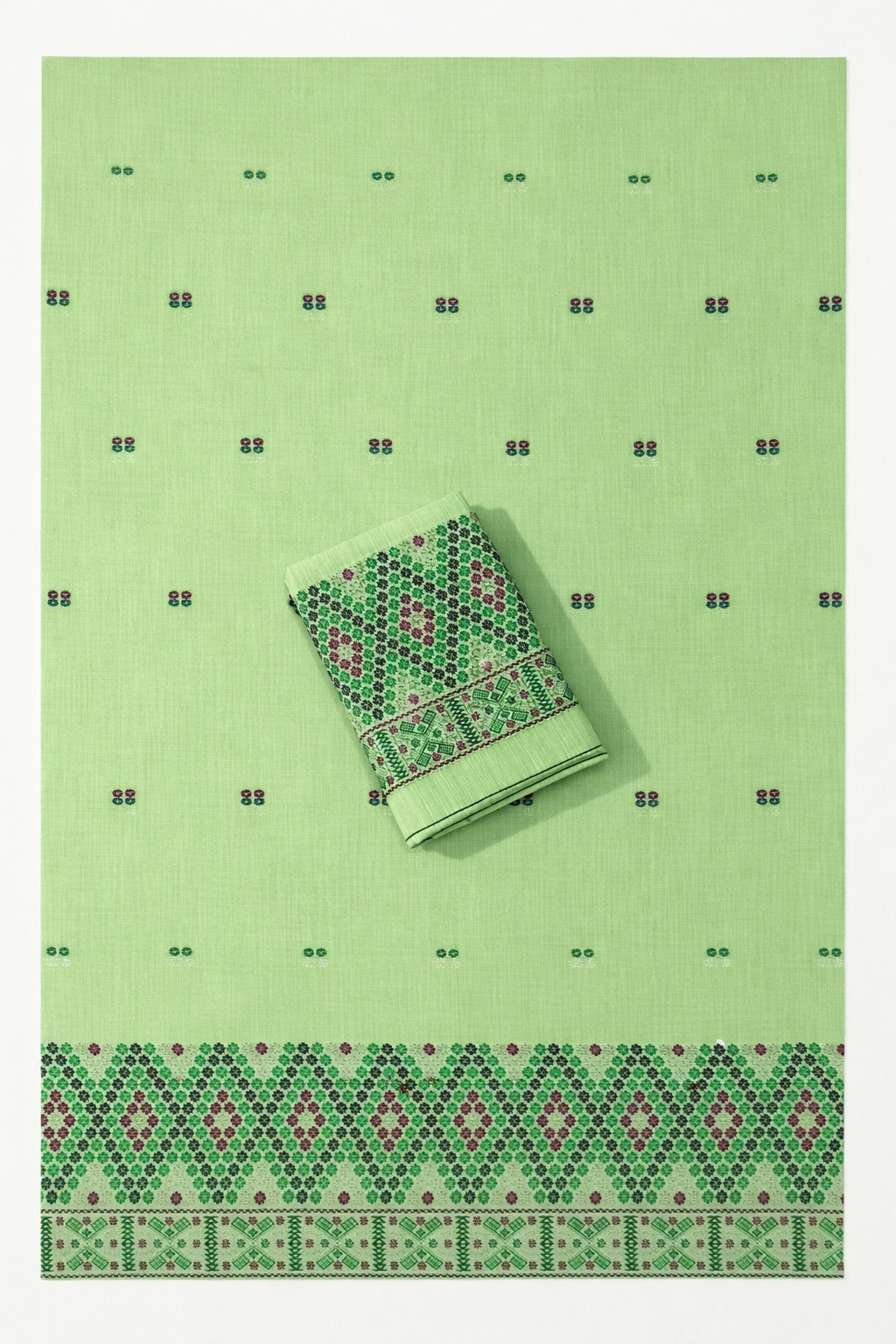 Missing Mekhela Chador Set, Masline Cotton Fabric, Fixed Pari | Elegant Handwoven Design | Green
