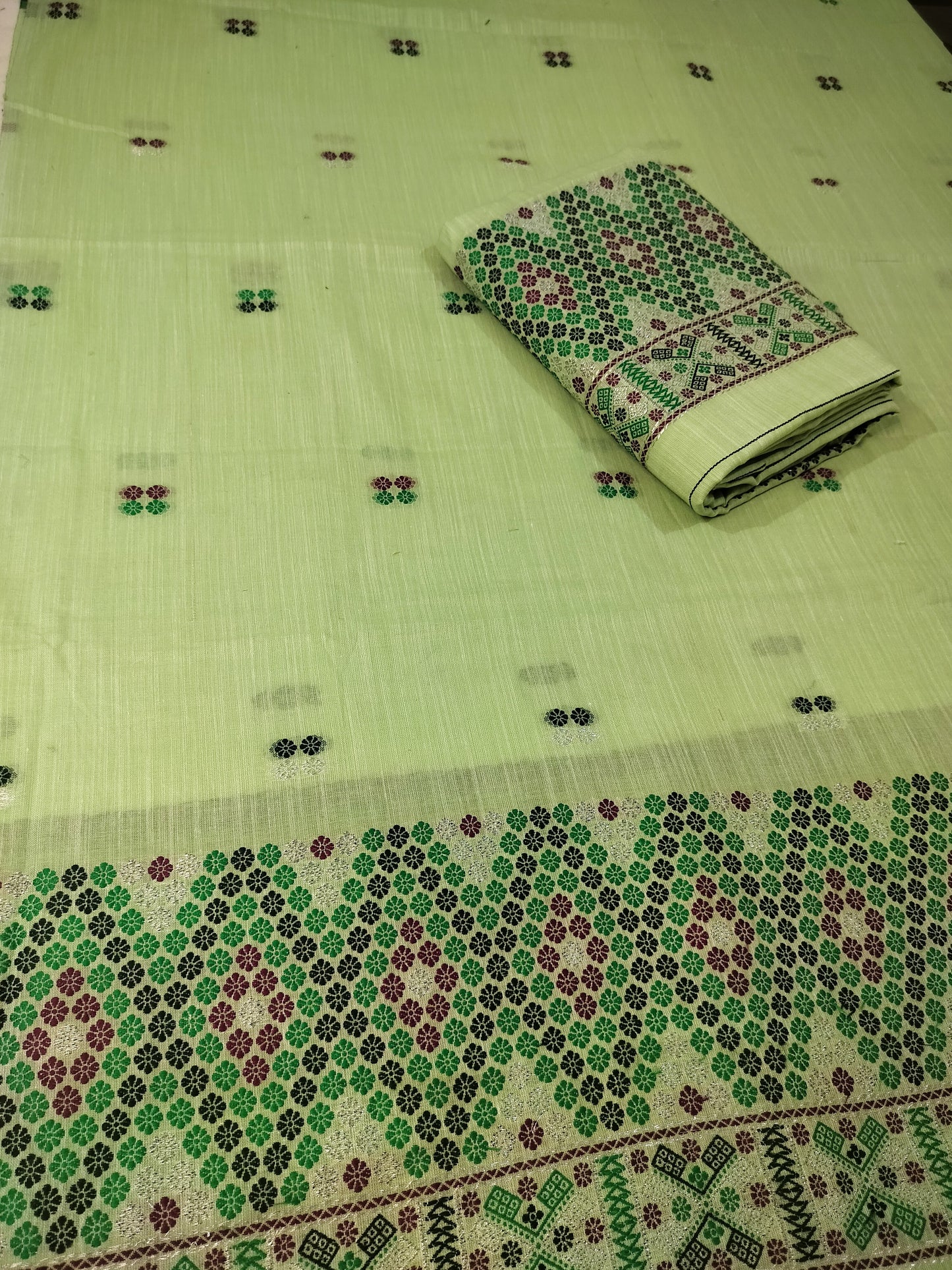 Missing Mekhela Chador Set, Masline Cotton Fabric, Fixed Pari | Elegant Handwoven Design | Green
