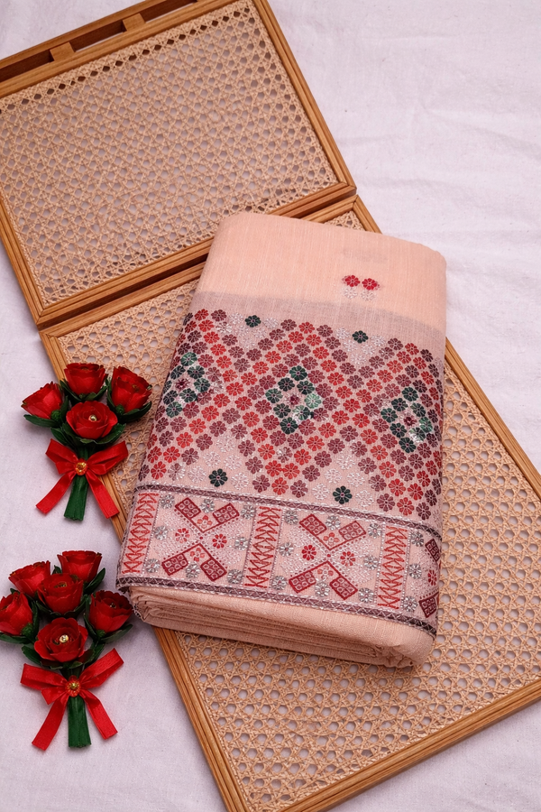 Missing Mekhela Chador Set, Masline Cotton Fabric, Fixed Pari | Elegant Handwoven Design | Peach