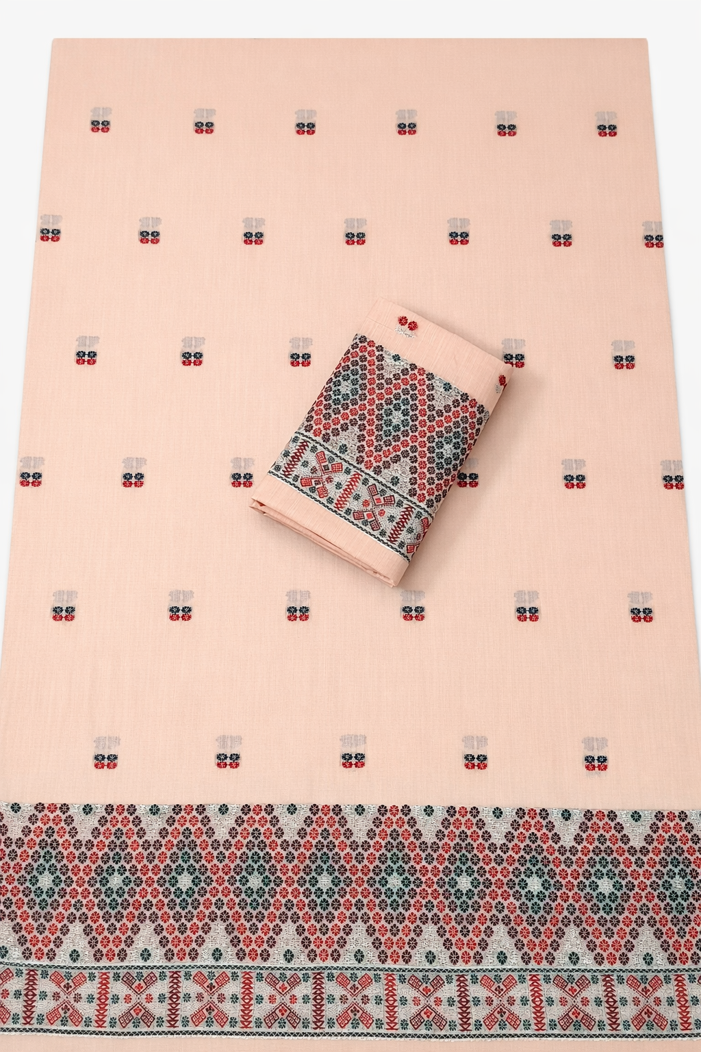 Missing Mekhela Chador Set, Masline Cotton Fabric, Fixed Pari | Elegant Handwoven Design | Peach