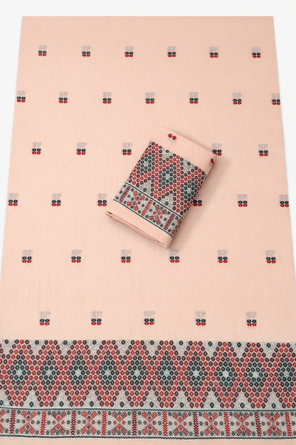 Missing Mekhela Chador Set, Masline Cotton Fabric, Fixed Pari | Elegant Handwoven Design | Peach