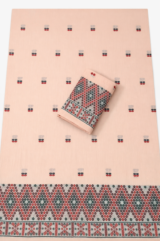 Missing Mekhela Chador Set, Masline Cotton Fabric, Fixed Pari | Elegant Handwoven Design | Peach