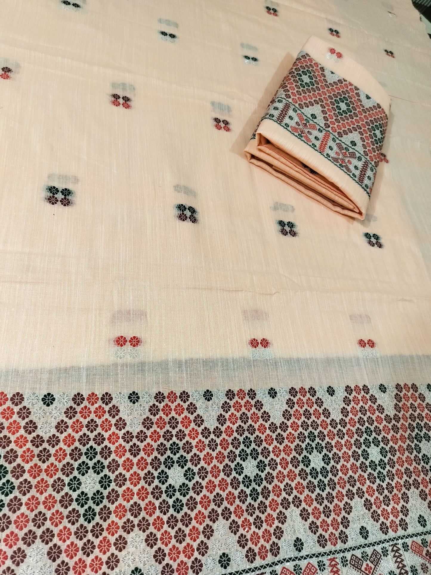 Missing Mekhela Chador Set, Masline Cotton Fabric, Fixed Pari | Elegant Handwoven Design | Peach