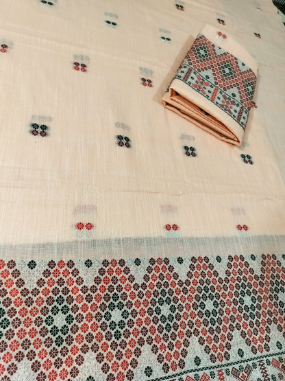 Missing Mekhela Chador Set, Masline Cotton Fabric, Fixed Pari | Elegant Handwoven Design | Peach