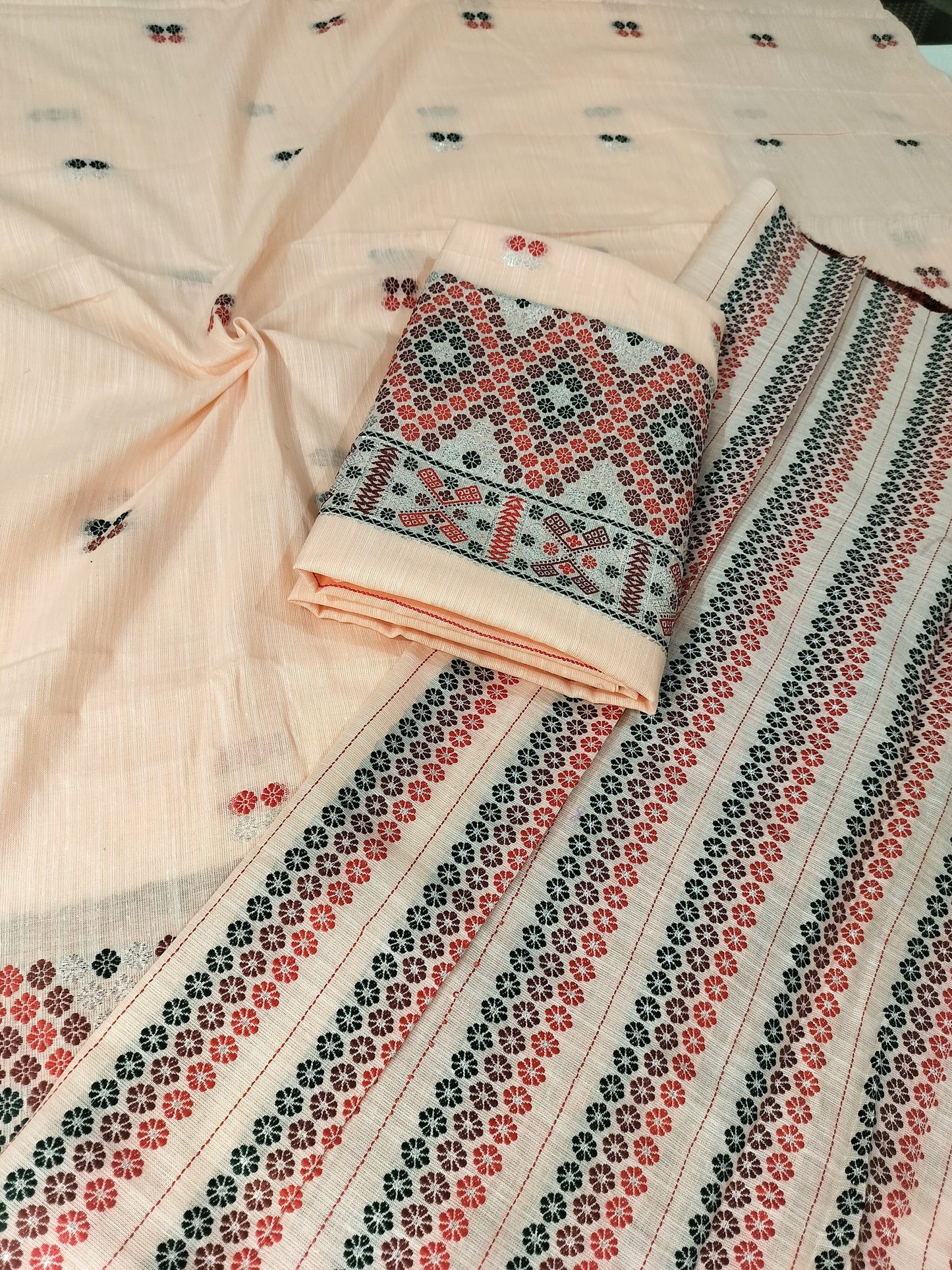 Missing Mekhela Chador Set, Masline Cotton Fabric, Fixed Pari | Elegant Handwoven Design | Peach
