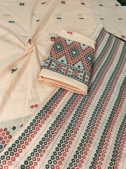 Missing Mekhela Chador Set, Masline Cotton Fabric, Fixed Pari | Elegant Handwoven Design | Peach