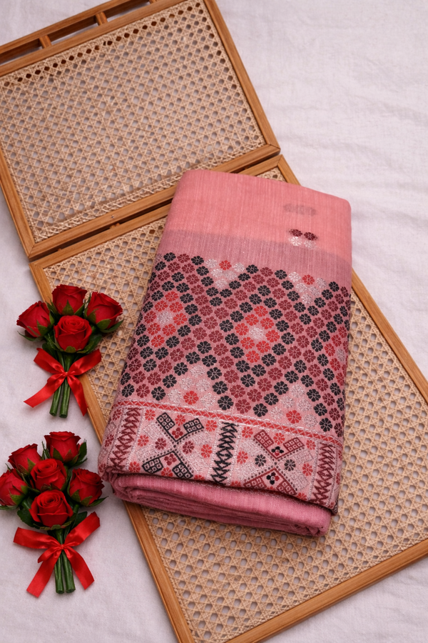 Missing Mekhela Chador Set, Masline Cotton Fabric, Fixed Pari | Elegant Handwoven Design | Pink