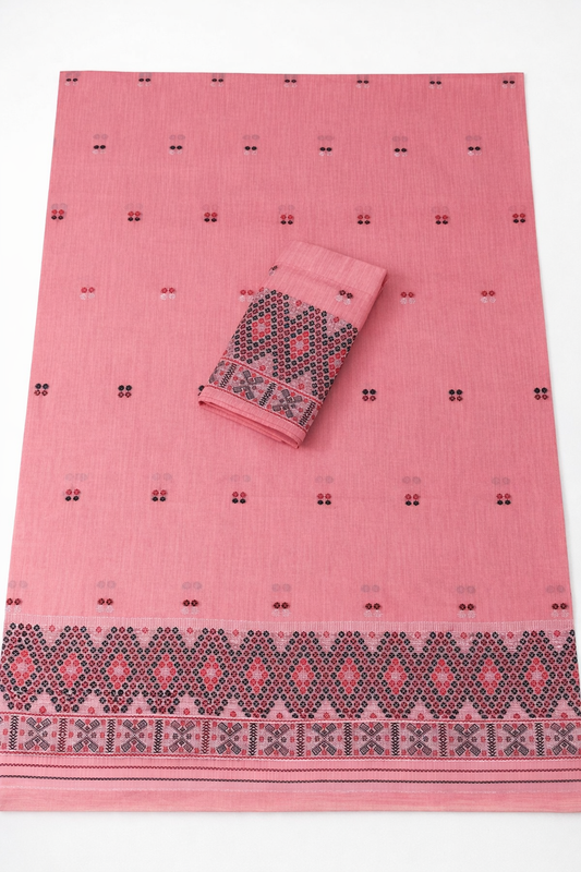 Missing Mekhela Chador Set, Masline Cotton Fabric, Fixed Pari | Elegant Handwoven Design | Pink