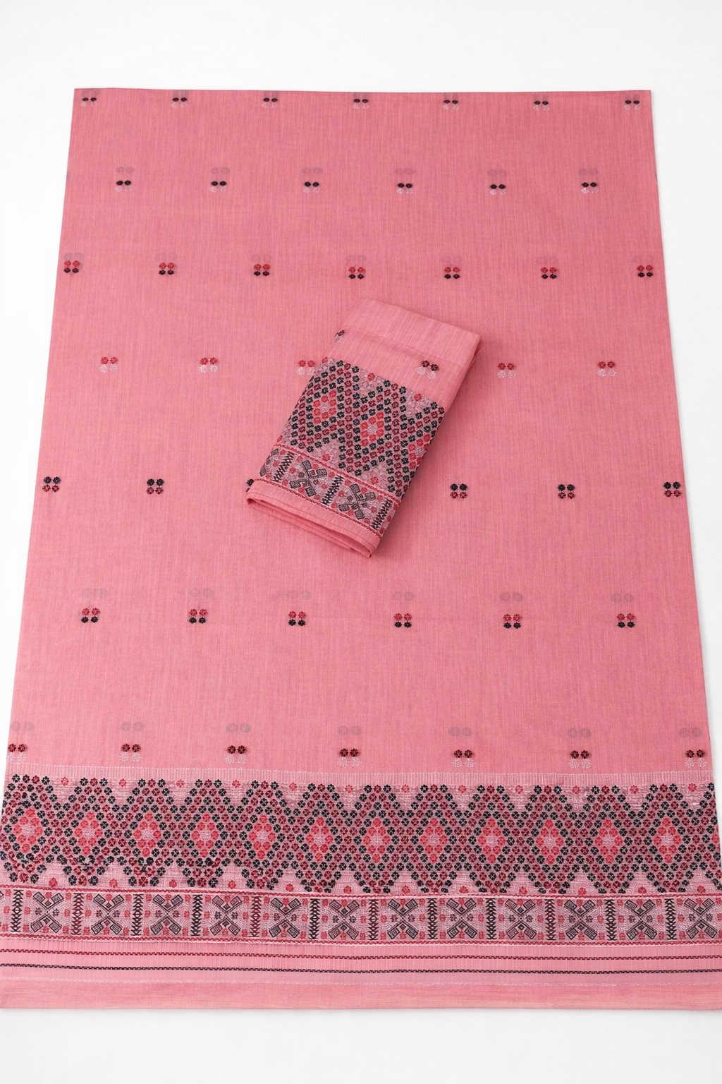 Missing Mekhela Chador Set, Masline Cotton Fabric, Fixed Pari | Elegant Handwoven Design | Pink