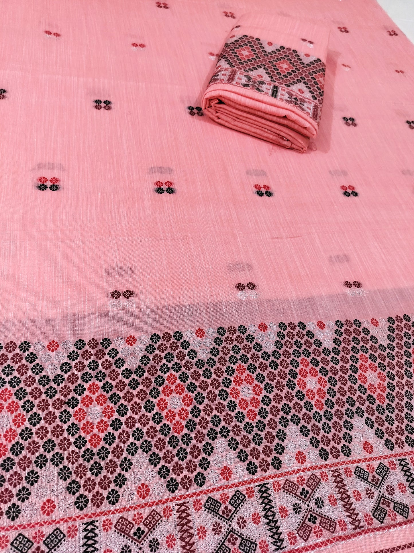 Missing Mekhela Chador Set, Masline Cotton Fabric, Fixed Pari | Elegant Handwoven Design | Pink