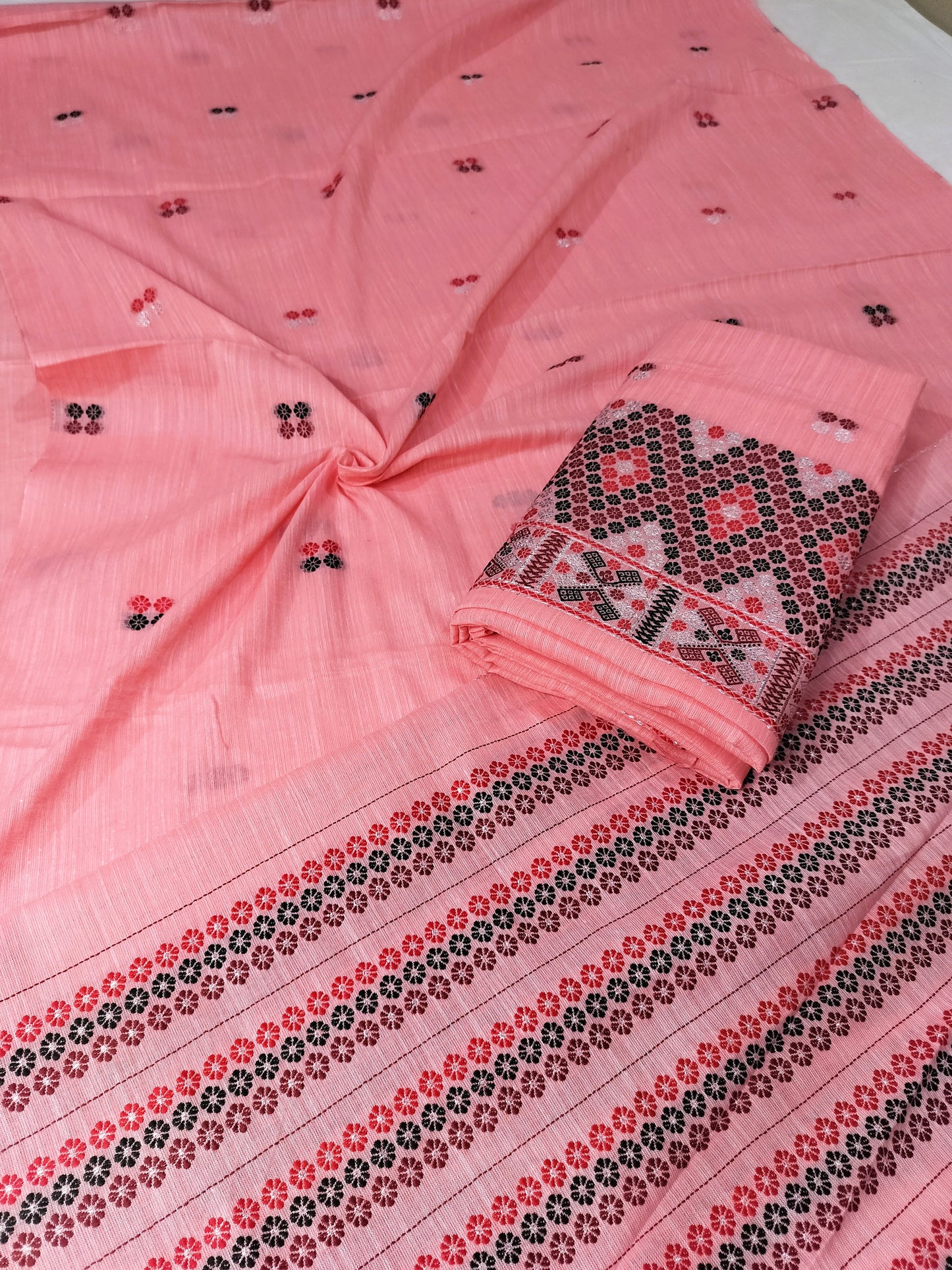 Missing Mekhela Chador Set, Masline Cotton Fabric, Fixed Pari | Elegant Handwoven Design | Pink