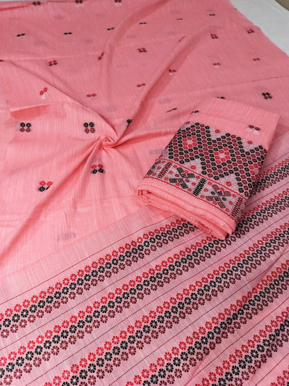 Missing Mekhela Chador Set, Masline Cotton Fabric, Fixed Pari | Elegant Handwoven Design | Pink