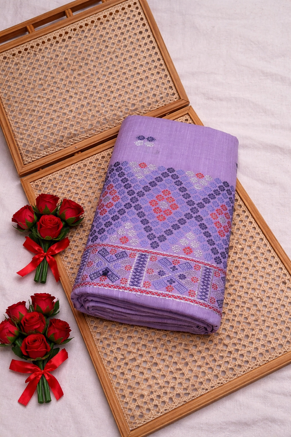 Missing Mekhela Chador Set, Masline Cotton Fabric, Fixed Pari | Elegant Handwoven Design | Purple