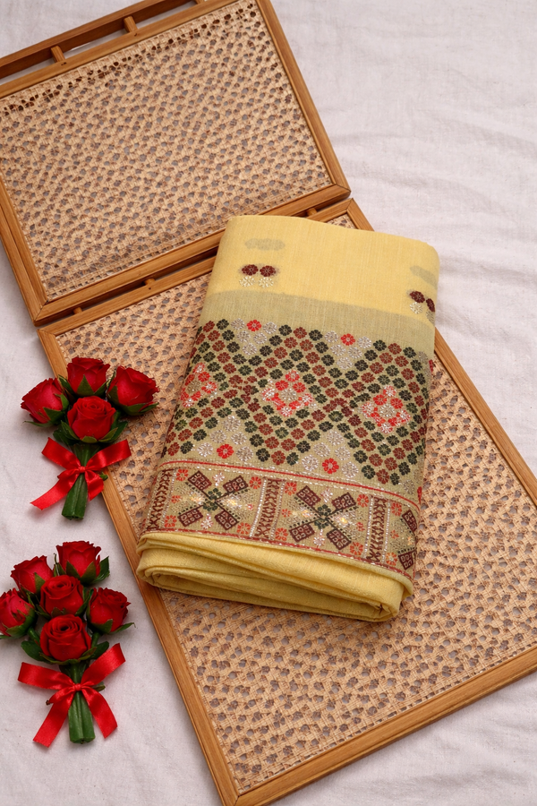 Missing Mekhela Chador Set, Masline Cotton Fabric, Fixed Pari | Elegant Handwoven Design | Yellow