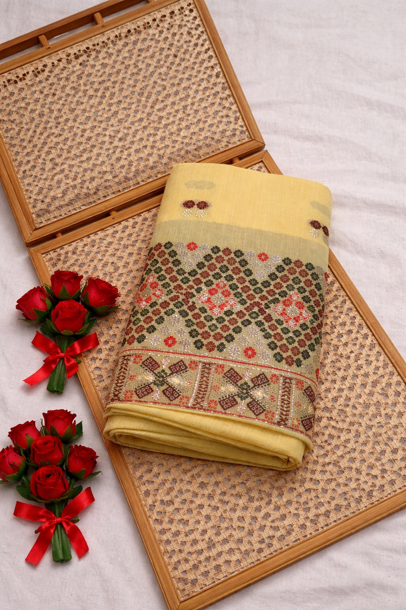 Missing Mekhela Chador Set, Masline Cotton Fabric, Fixed Pari | Elegant Handwoven Design | Yellow