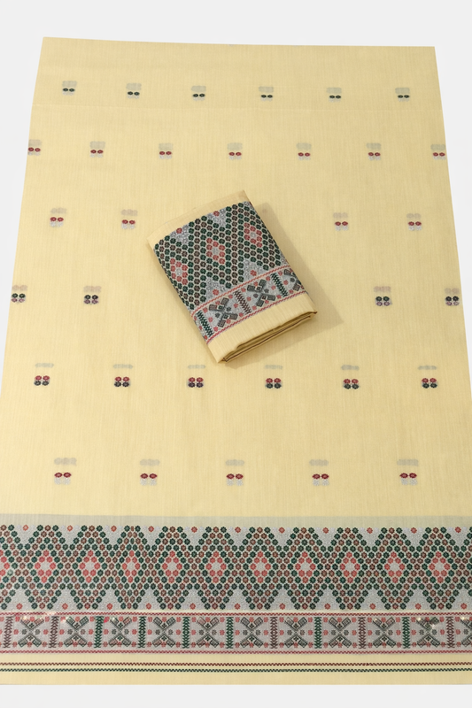 Missing Mekhela Chador Set, Masline Cotton Fabric, Fixed Pari | Elegant Handwoven Design | Yellow