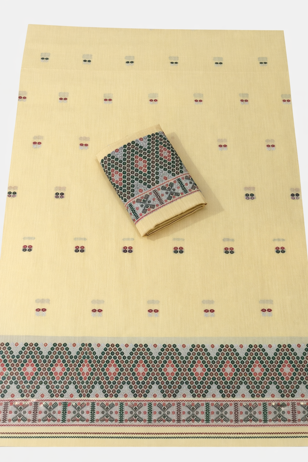 Missing Mekhela Chador Set, Masline Cotton Fabric, Fixed Pari | Elegant Handwoven Design | Yellow