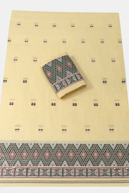 Missing Mekhela Chador Set, Masline Cotton Fabric, Fixed Pari | Elegant Handwoven Design | Yellow