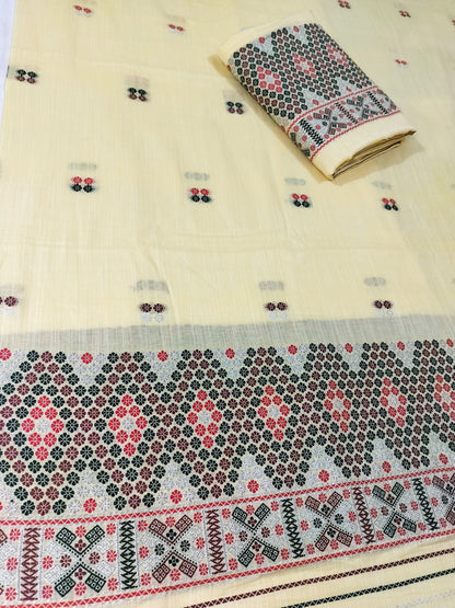 Missing Mekhela Chador Set, Masline Cotton Fabric, Fixed Pari | Elegant Handwoven Design | Yellow