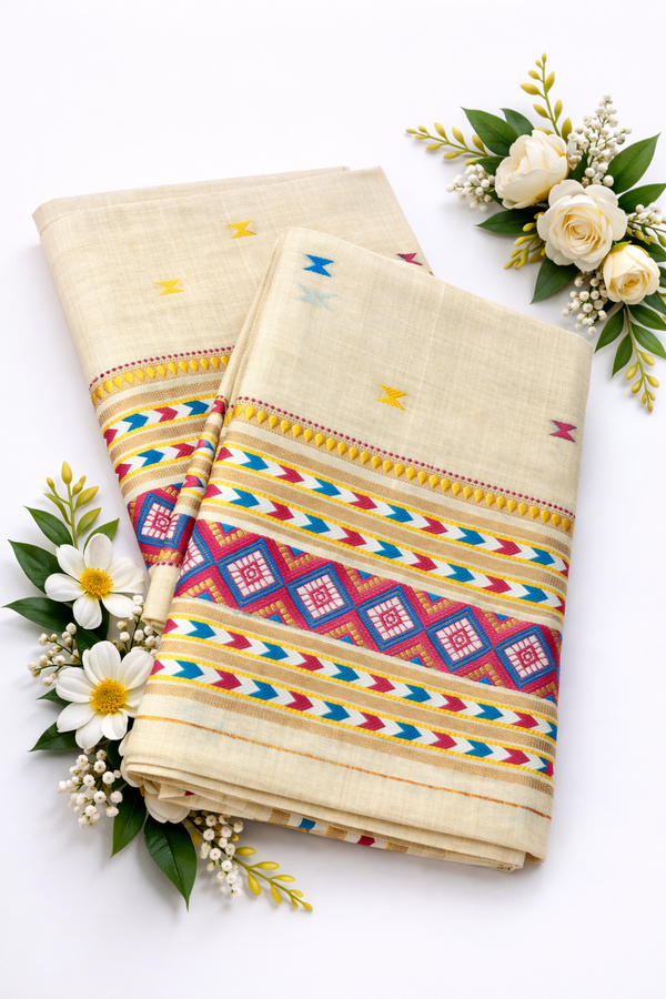 Mekhela Chador Set, Masline Cotton Fabric| Elegant Handwoven Design | Pink