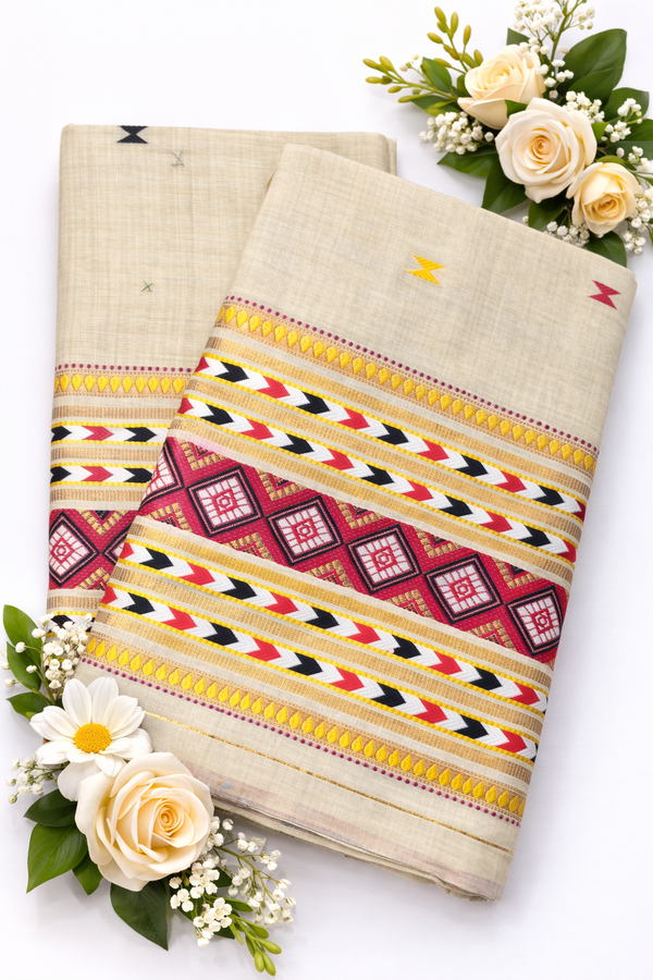 Mekhela Chador Set, Masline Cotton Fabric| Elegant Handwoven Design | Red