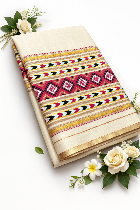 Mekhela Chador Set, Masline Cotton Fabric| Elegant Handwoven Design | Red