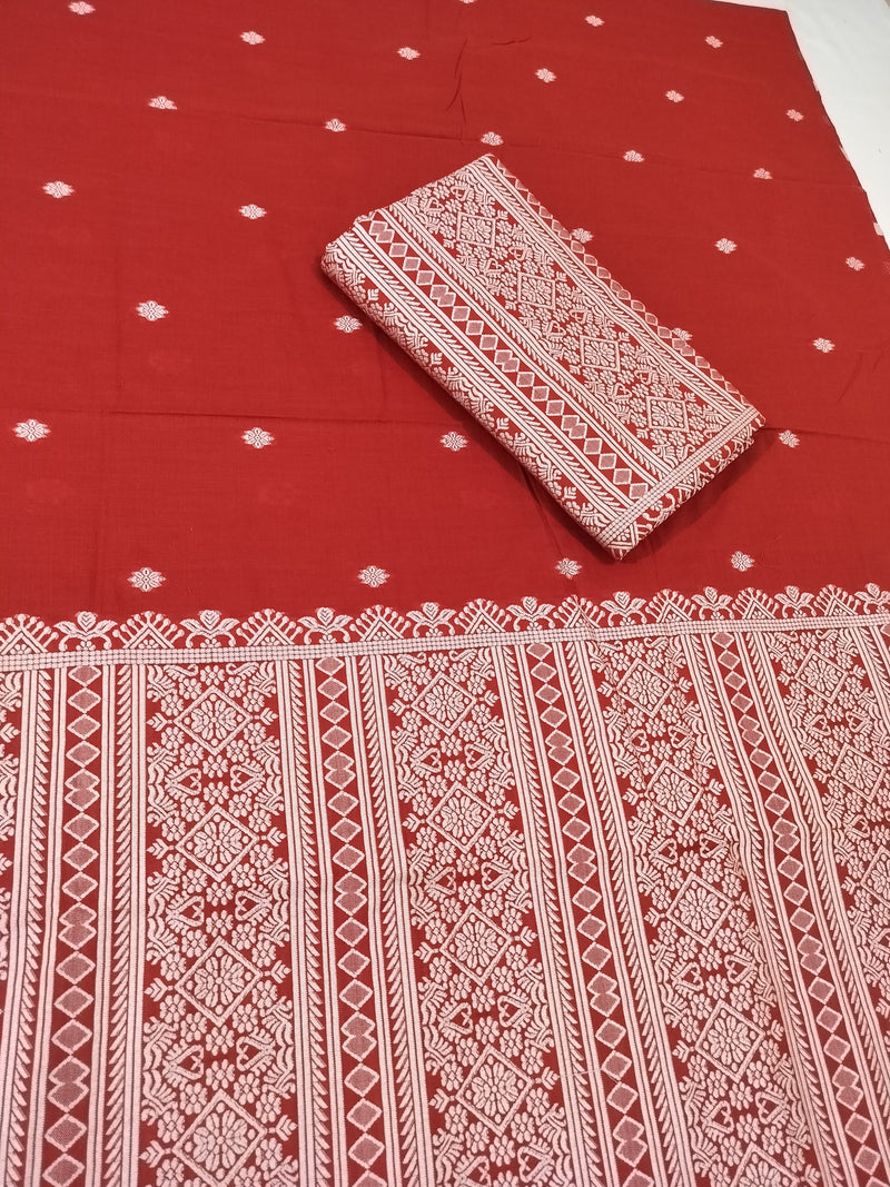 Premium Wash Cotton | Mekhela Chador Set | Trending Embroidery Designer | Red