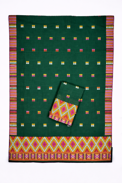 Mekhela Chador Set | Kaccha Cotton | Missing Design | Dark Green