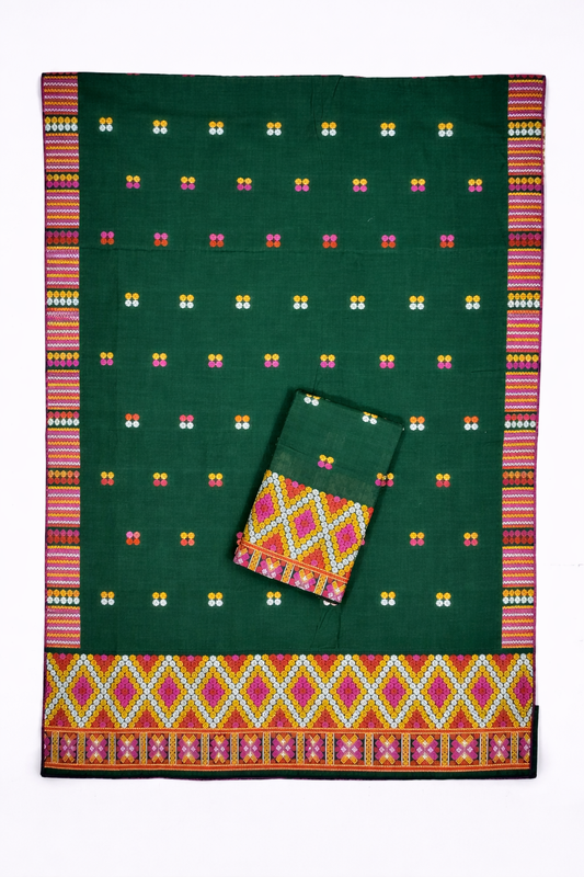 Mekhela Chador Set | Kaccha Cotton | Missing Design | Dark Green