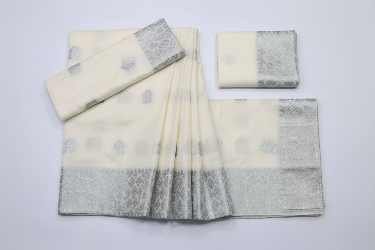 Mekhela Chador Zari Silver Embroidery Assam Traditional Attair