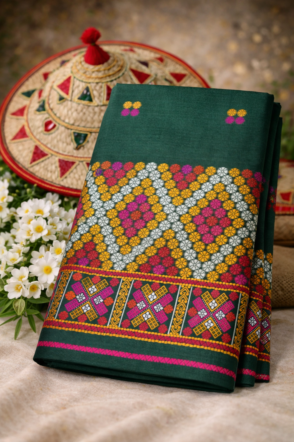 Mekhela Chador Set | Kaccha Cotton | Missing Design | Dark Green
