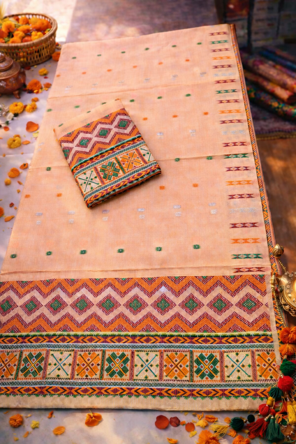 Missing Mekhela Chador Set, Masline Cotton Fabric, Fixed Pari | Elegant Handwoven Design | Peach