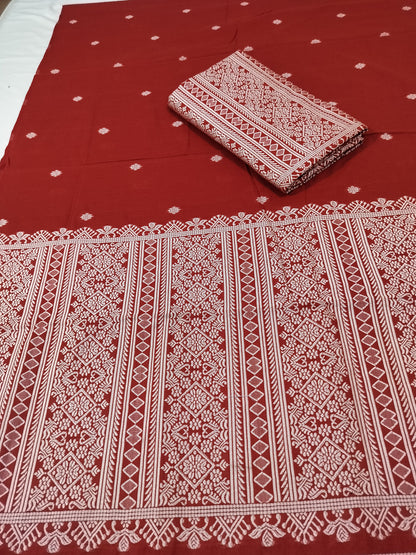 Premium Wash Cotton | Mekhela Chador Set | Trending Embroidery Designer | Red
