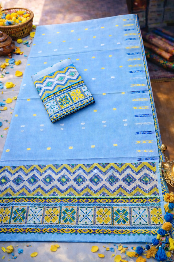 Missing Mekhela Chador Set, Masline Cotton Fabric, Fixed Pari | Elegant Handwoven Design | Blue