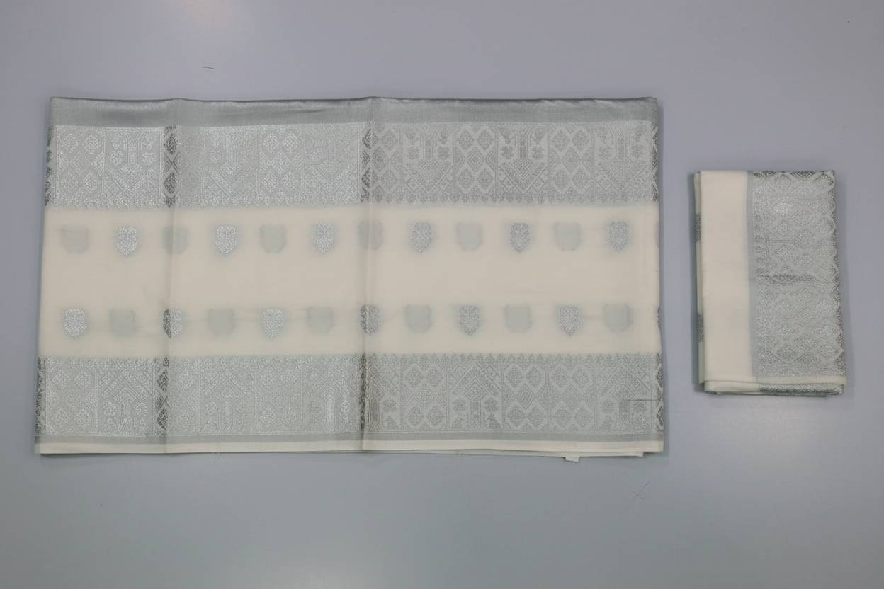 Mekhela Chador Zari Silver Embroidery Assam Traditional Attair