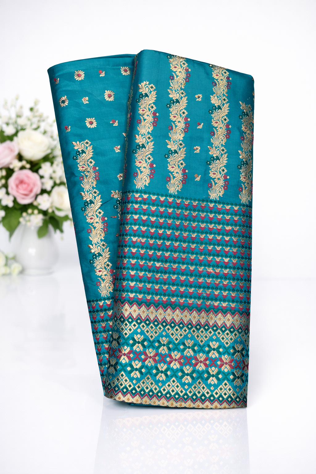 MixPat Fancy Mekhela Chador set Fixed Pari With Blouse Light Blue
