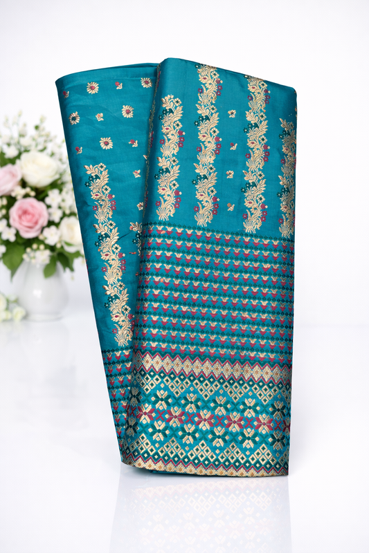 MixPat Fancy Mekhela Chador set Fixed Pari With Blouse Light Blue